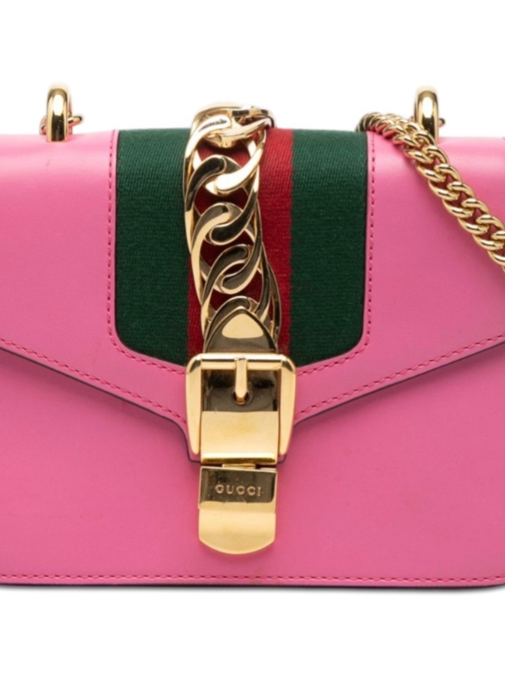 Gucci Pink Leather Shoulder Bag with Green and Red Web and Gold Hardware